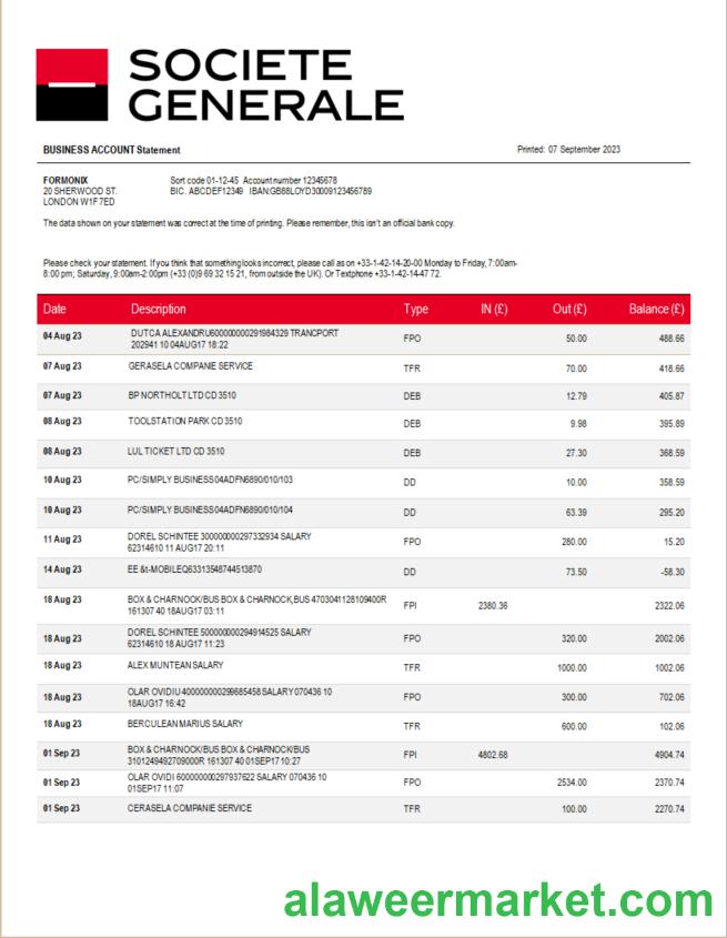 Societe Generale Bank firm account statement Word and PDF template
